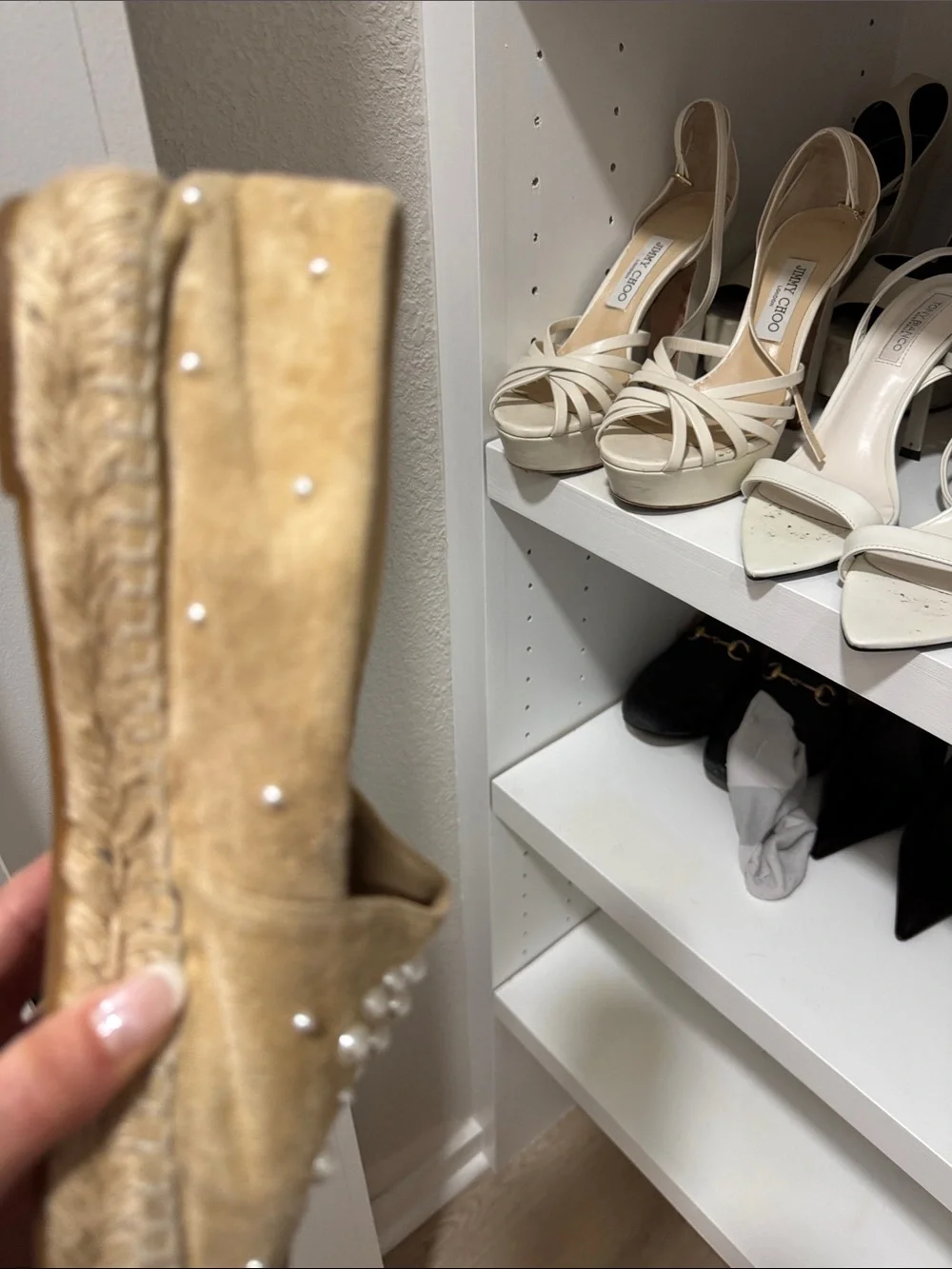 CHANEL Beige and Black Pearl-Embellished Suede Espadrilles